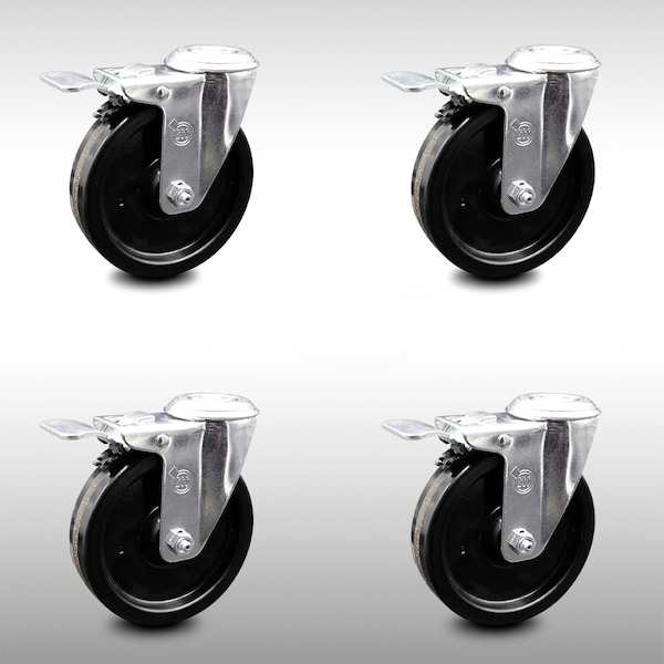 5 Inch SS Phenolic Wheel Swivel Bolt Hole Caster Set with Total Lock Brake SCC